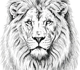 Majestic lion head portrait drawn in detailed black and white sketch style
