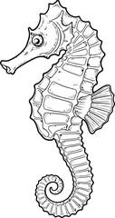Detailed black and white line art drawing of a majestic seahorse swimming in ocean depths