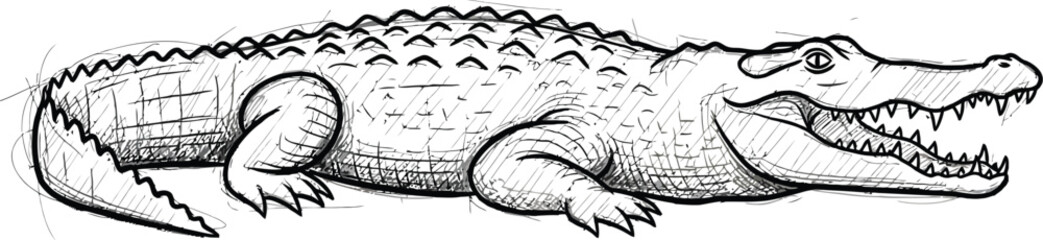 Hand drawn sketch of a smiling alligator with its mouth wide open showing teeth