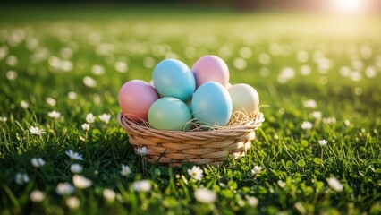 Fototapeta premium Easter eggs in a basket on a green grassy field with flowers at sunrise