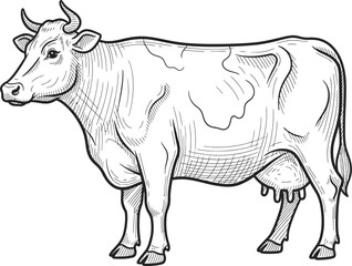 Detailed black and white sketch of a standing dairy cow with horns and udder