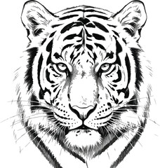 Detailed black and white pencil drawing portrait of a fierce tiger face