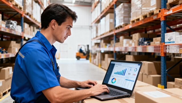 Warehouse worker using laptop for data analysis - Powered by Adobe