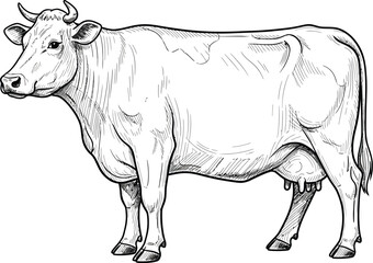 Detailed black and white sketch of a standing dairy cow with horns and udder