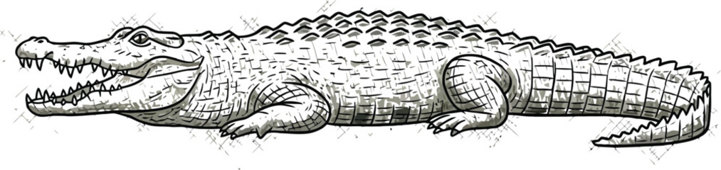 Hand drawn sketch of an alligator with open jaws on white background