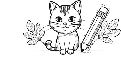 Adorable kitten drawing next to a large pencil and botanical foliage elements