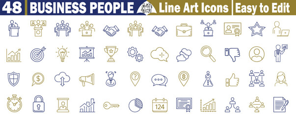Comprehensive collection of 48 business people line art icons representing corporate structures and office workers Vector Illustration.