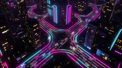 Drone flying slowly above a futuristic neon city with glowing roads forming electric patterns, cinematic 4K loop. - Powered by Adobe