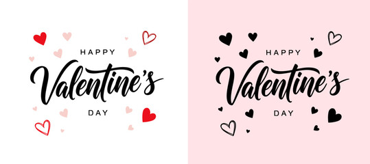 happy Valentine&rsquo;s Day typography greeting with hand drawn hearts, romantic lettering design
