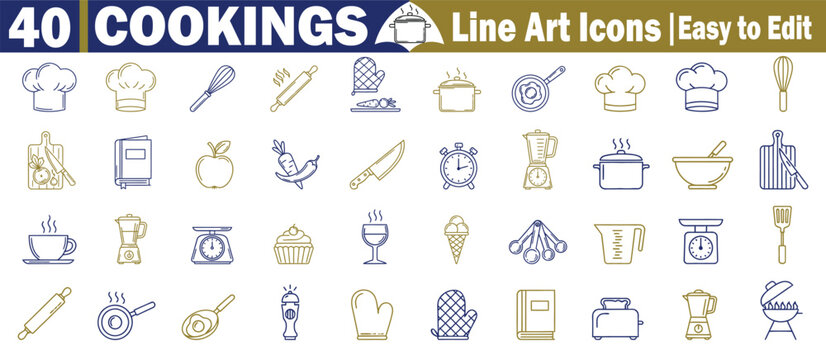 Kitchen cooking line art icons set with chef hats utensils appliances and food preparation equipment for design Vector Illustration.