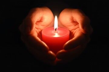 Hands cupped around a glowing red candle in the dark