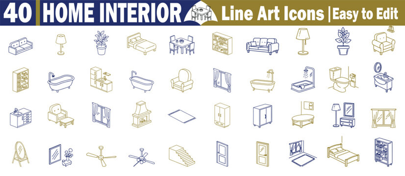 Home interior furniture line art icons for living room bedroom bathroom and kitchen decoration planning designs Vector Illustration.