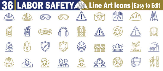 Labor safety line art icons set for worker protection equipment and construction site security measures collection Vector Illustration.