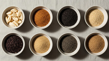 Diverse array of natural culinary ingredients an organized collection of various grains, aromatic seeds, and earthy spices in small white bowls, perfect for healthy cooking