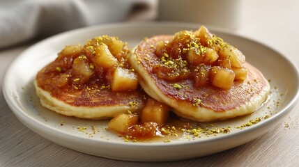 Two fluffy pancakes topped with warm apple compote and green pistachios, ready for breakfast