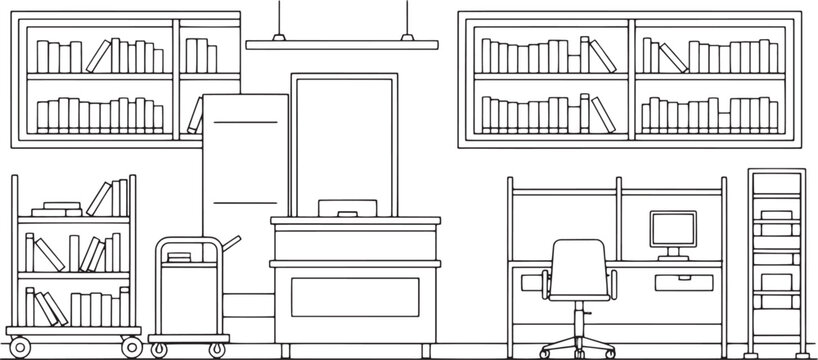 A meticulously drawn line art of a library interior, depicting bookshelves, desks, and other relevant furnishings.