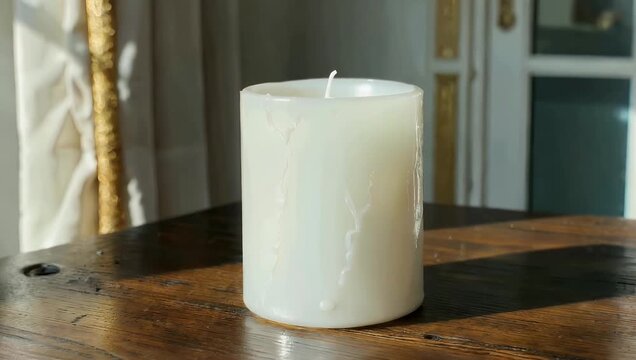 Cinematic 4K close up of single candle resting on table softly glowing to create warm atmosphere suitable interior design visuals cozy lifestyle scenes refined product 