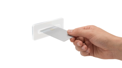 Male hand inserting blank silver credit card into payment slot or ATM reader isolated on transparent background