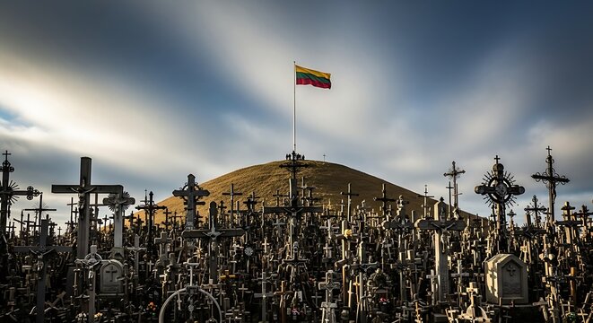 Cemetery with crosses and flag on hill.