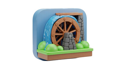 Cartoon Watermill with Flowing Water and Greenery