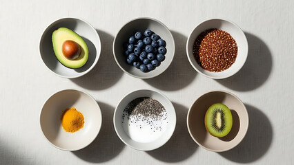 A collection of healthy ingredients like blueberries, avocado, chia seeds, flax seeds, turmeric, and kiwi