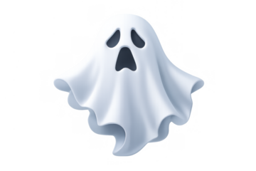Ghost character looks sad, floating with a white sheet effect, an icon for halloween, haunting, and scary themes. Transparent background