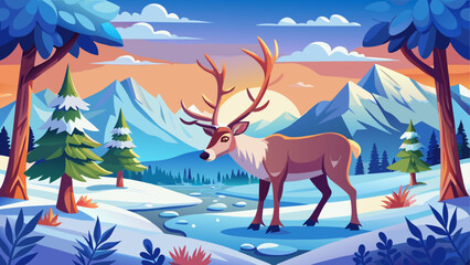 Vector illustration of a reindeer in a snowy forest landscape © sumona