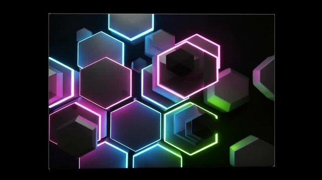 Colorful hexagonal shapes with neon glow on black
