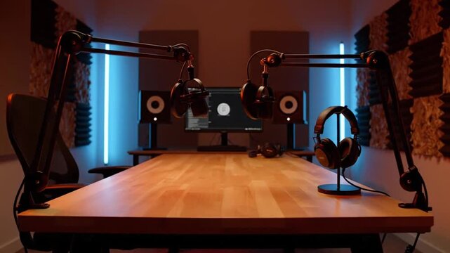 minimalist podcast recording studio interior featuring wooden desk professional microphones on adjustable arms headphones nearby aesthetic lighting with orange and blue tones acoustic treatment panels