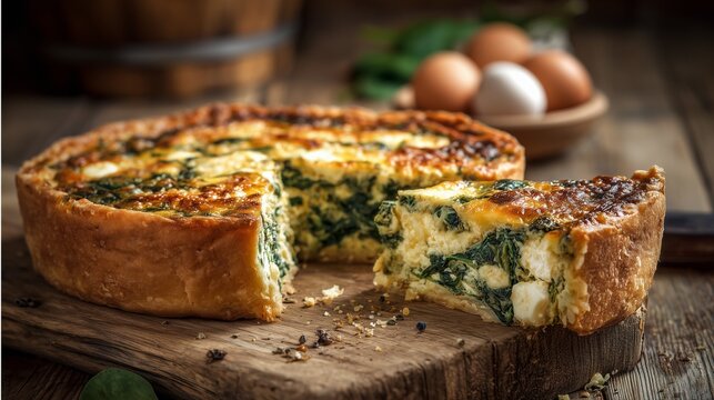 Savory spinach and feta cheese quiche serving on a rustic wooden platter with eggs