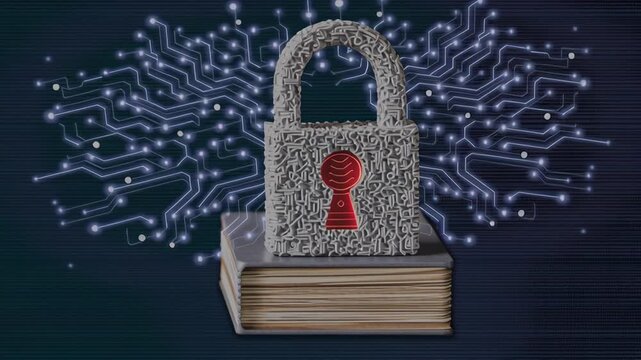Cyber security training design concept. Digital lock design with circuit patterns representing cybersecurity.
