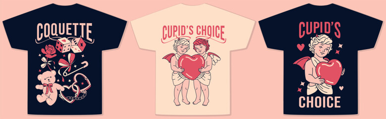 Retro Valentine's Day T-shirt designs with devil angels, hearts, and bold slogans like 'Cupid's choice' and 'Coquette'. Flirty bachelorette and dark romance aesthetic prints.