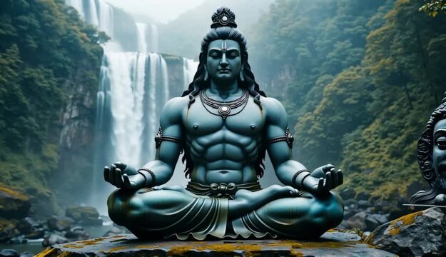 Lord Shiva Meditating by Waterfall Vector Illustration Animation