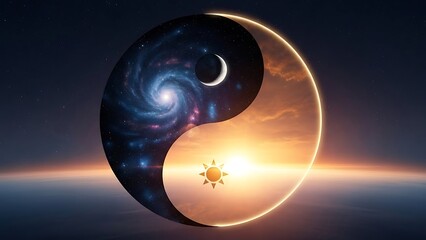 Celestial Harmony Unveiled An Artistic Interpretation of Cosmic Day and Night, Featuring a Galaxy and Sun within a Dynamic Balance Symbol, Representing Universal Duality and Equilibrium