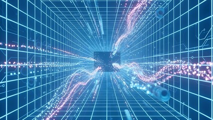 Futuristic digital data stream in a 3D grid tunnel