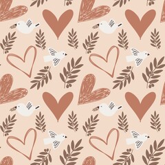 Hand drawn dove and heart Christian seamless pattern 