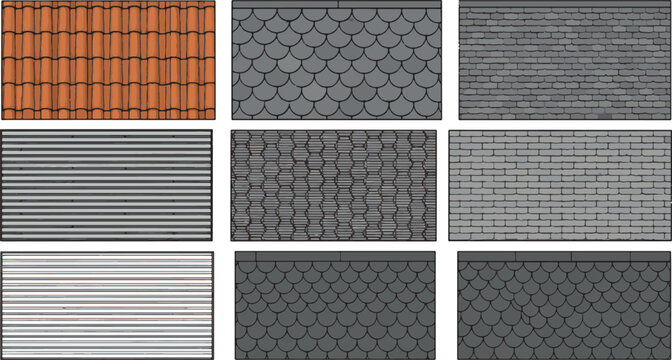 A collection of textured roofing material designs showcases diverse patterns and building styles. From classic terracotta to modern slate, this image highlights architectural elements.