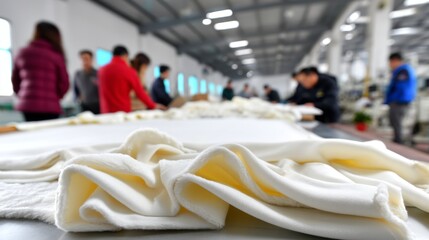 Efficient Garment Production Line with Workers Inspecting Clothes under Harsh Daylight - Wide Shot with Dreamy Focus, Filling the Frame