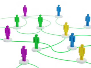 Colorful 3d people icons connected by green lines on transparent background representing teamwork and network