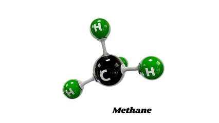 Stunning 3D model of a methane molecule showcasing its tetrahedral structure with central carbon and surrounding hydrogen atoms, perfect for scientific education and research.