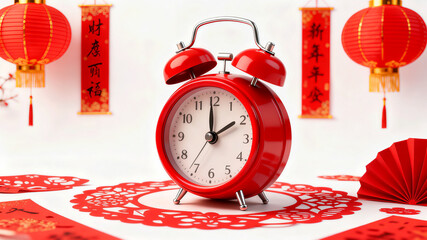 Red vintage alarm clock with Chinese New Year decorations, lanterns, and paper cuttings on white background.
