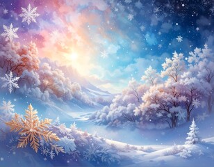 Snowy, winter landscape with pastel sky, trees, and falling snowflakes