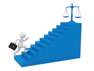 Businessman climbing stairs to justice scale on top, symbolizing career growth and fairness in law isolated on transparent background