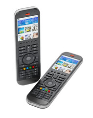 Generic modern smart TV remote controls with color display. on transparent background 3D illustration