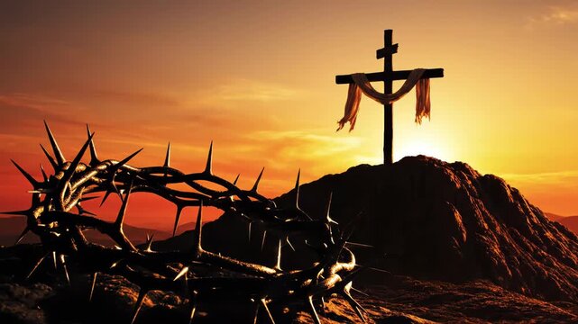 A crown of thorns and a cross on a hill during a beautiful sunset