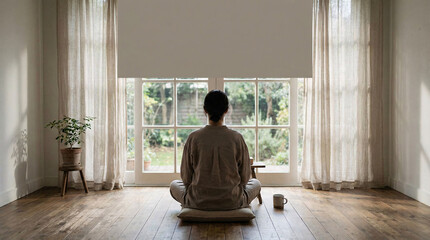 Person meditating calmly in a peaceful room for World Health Day  