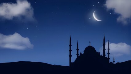 A Mosque Silhouette Under A Crescent Moon At Night With Stars In The Sky