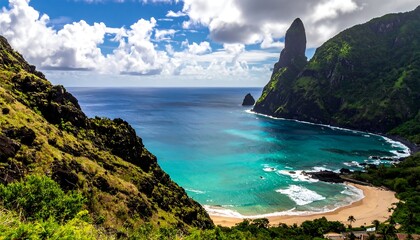 Scenic ocean bay, lush green mountains, clear turquoise water, cloudy sky