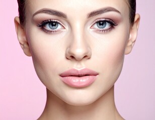 Fototapeta premium Close-up of a fair-skinned woman with blue eyes, soft makeup