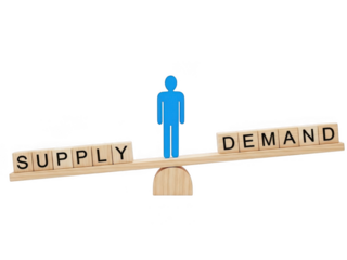 Blue human figure balancing supply and demand on a seesaw scale isolated on transparent background